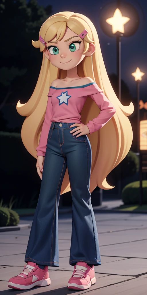 score_9, source_cartoon, 1girl, solo, Kelly Marra, looking very happy, long hair, blonde hair, cute green eyes, hair ornament, hairclip, flare blue pants(Wide flares on pants:1.2), pink shoes, white star (symbol) in the middle of the shirt, Pink off shoulder t-shirt with white long sleeves,