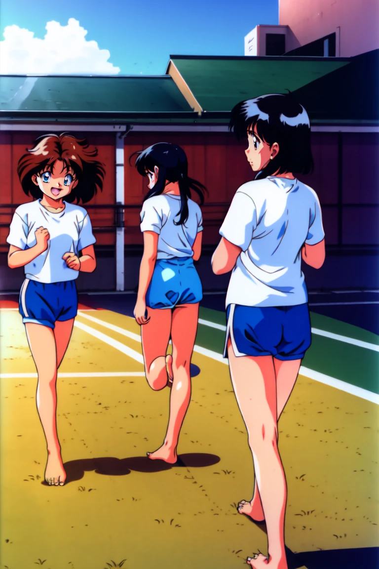 Line up multiple girls in a straight line、Let it run,Physical education class,gym shirts,Highest quality,back view,1990s anime style,White shirt and blue bloomers,Angry expression,barefoot,A group of several girls,体操服とブルマを着たbarefootの女子たちが、Standing in a row、I run desperately through the schoolyard.,The girls are barefoot,The girls were sweating、Running with a tired look,