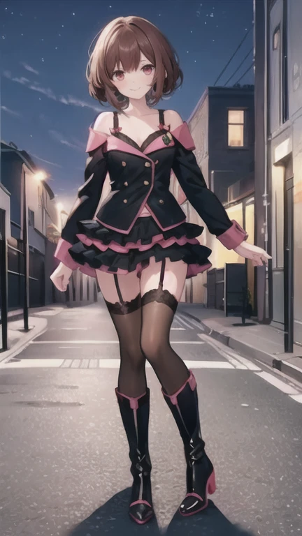 , masterpiece, best quality,shiny,chromatic aberration abuse,pastel color,full body, 
1girl,solo, aoisan,red eyes,brown hair,smile,
standing,street,night,
 layered skirt,long sleeves,underwear,black thighhighs,high heel boots,off shoulder, garter straps,