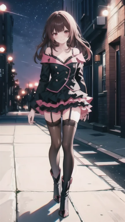 , masterpiece, best quality,shiny,chromatic aberration abuse,pastel color,full body, 
1girl,solo, aoisan,red eyes,brown hair,smile,
standing,street,night,
 layered skirt,long sleeves,underwear,black thighhighs,high heel boots,off shoulder, garter straps,