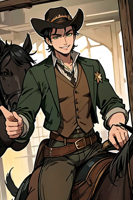 Perfect face, Perfect hands. A black haired male cowboy with green eyes in a sheriff's outfit is riding a horse through a wild west town with a big smile