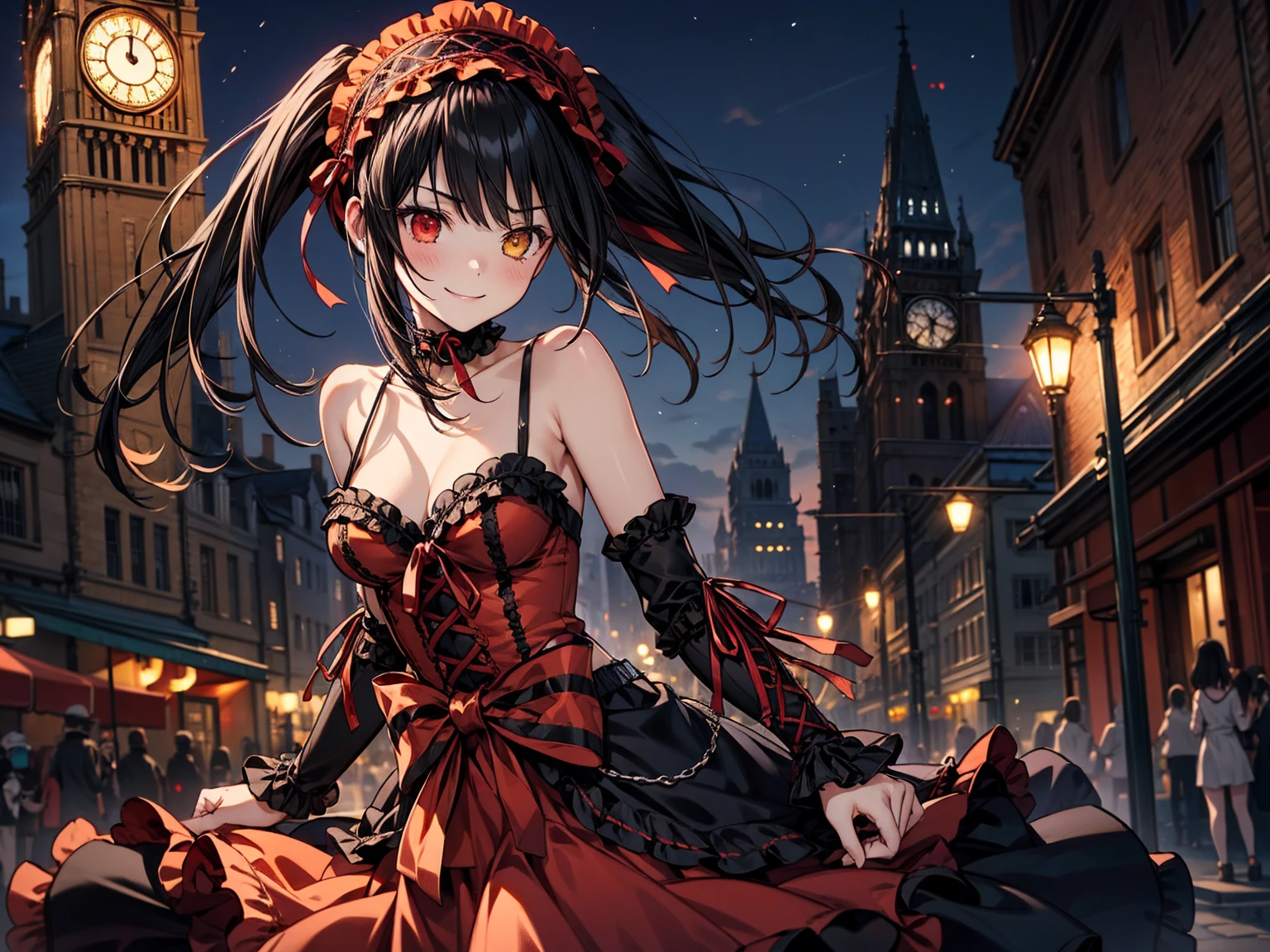 Very detailed, highest quality, masterpiece, gravure body type, medium breasts, moody angle, cowboy shot,( 1girl, solo:1.5), aakurumi, long hair, twintails, hairband, heterochromia, medium breasts, cleavage, black choker, red ribbon, bare shoulders, gothic, red dress, red bow, detached sleeves, very detailed background, outdoors, smile, Confident posture, night, city,( Clock tower in the background), wind