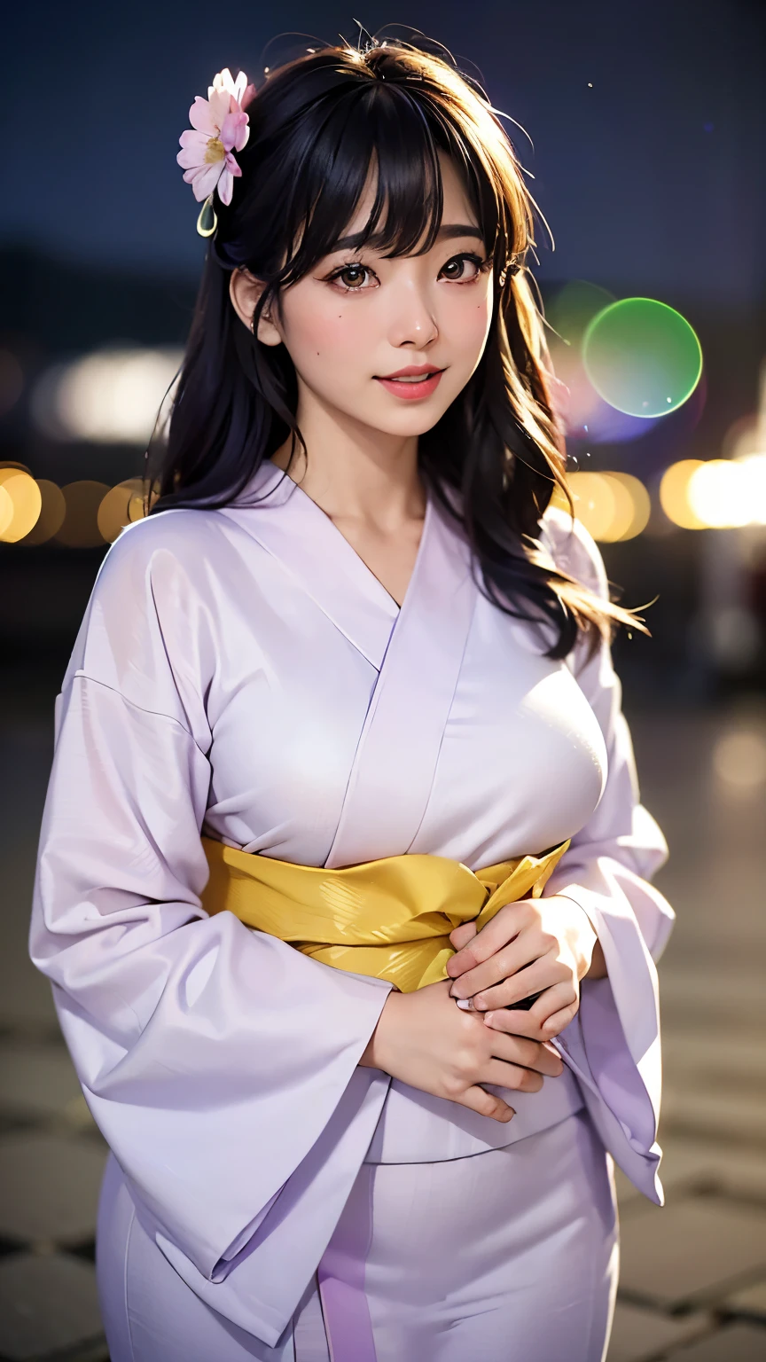 (logo、masterpiece、8K、Tabletop、RAW Photos、wonderful、最high quality、フォトリアリスティックでVery detailedな CG 複合 8K 壁紙、high quality、Very detailed、Narrative poem、Particle Effects、Dynamic Effects、Depth of the Boundary、Cinematic Light、Lens flare、Ray Tracing)、 (One beautiful woman wearing a yukata、White yukata、Light purple pattern)、Black-haired、High definition skin、Very fine、Fine skin texture、Beautiful Face、True Face、Beautiful details in the eyes、Realistic eyes、Beautifully detailed eyes、Realistic Skin、Beautiful Skin、Surreal、Smiling Eyes、Hair and light eyes、vivid、Colorful lights and bokeh、plump lower lip、Pink Lips、Hair flutters in Wind、Hair bounces、wonderful景色、night、evening、Wind、moonlight、moonlight、light