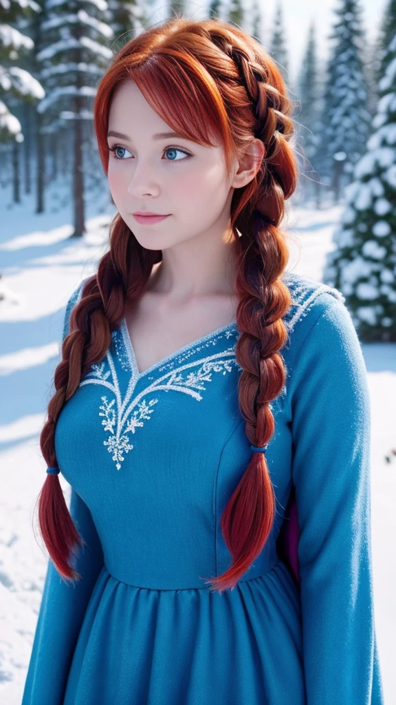 safe, Here is a message in English to generate an image of Anna from the Disney movie. "Frozen":
"Create an image of Anna from Disney's Frozen. She should have her signature red hair styled in two braids.., wear a blue and magenta dress, and be in a snowy context."
Would you like to add any specific details to the message??