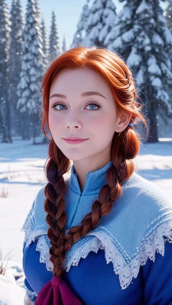 safe, Here is a message in English to generate an image of Anna from the Disney movie. "Frozen":
"Create an image of Anna from Disney's Frozen. She should have her signature red hair styled in two braids.., wear a blue and magenta dress, and be in a snowy context."
Would you like to add any specific details to the message??