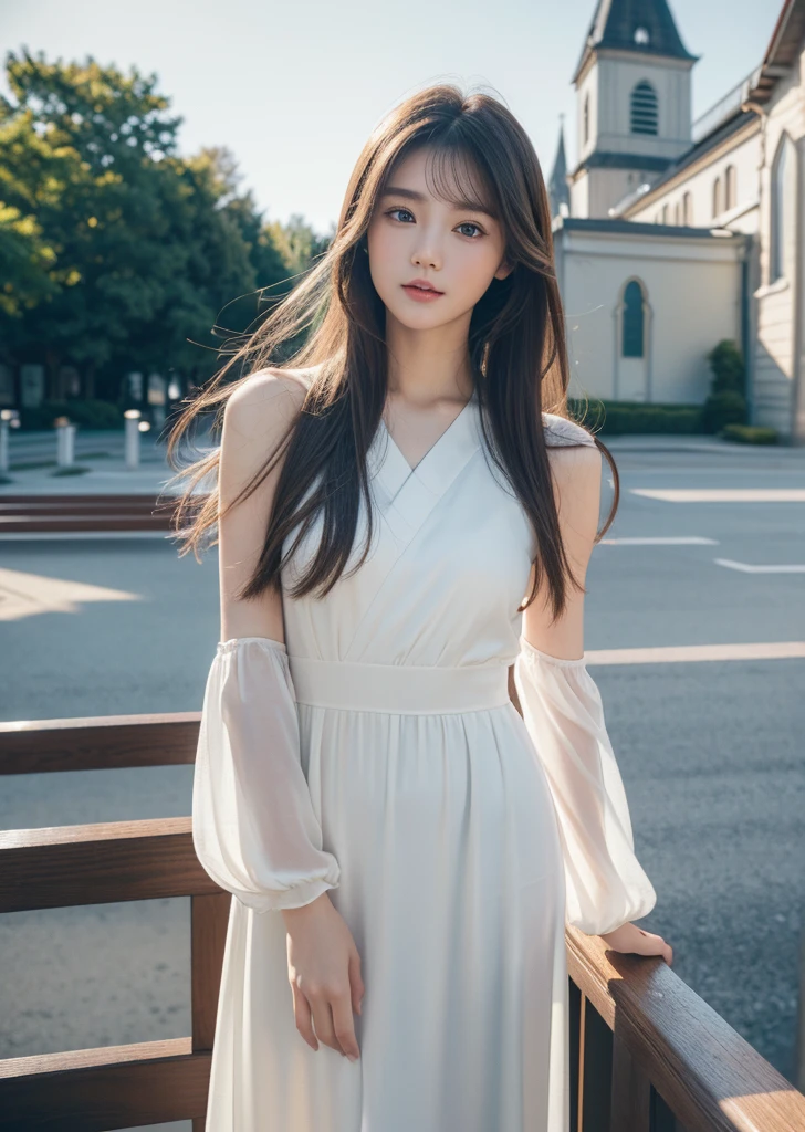 (Realisticな, photo-Realisticな:1.37),(8K, RAW Photos, Highest quality, masterpiece:1.2), Ultra-detailed, 超High resolution, Kodak Vision Color, Filmed with an Arricam LT camera,Highest quality, Lively, 8K, High resolution, 1 female, Japanese、Escape, (Professional Lighting), (Portraiture:0.6),Brown Hair, (Medium Hair),23 years old、Pure white dress、 Realistic, a hyperRealistic , ((Perfect beautiful eyes)), pose for a photo (((The background is a church)))、 ((Angelの翼)) 、Angel、美しいAngel、両肩にAngelの羽、A gentle smile、 (((No extra arms))),