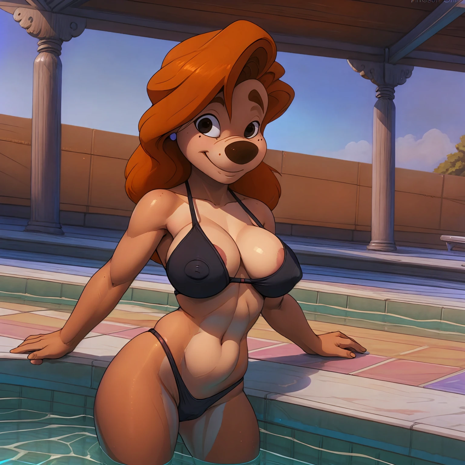 uploaded on e621, explicit content, 3d, (bastika, cutesexyrobutts, hioshiru), female, solo, roxanne goofy, swimming pool setting, (black bikini:1.2), large breasts, natural breasts, milf, standing, three quarters portrait, closeup, smile