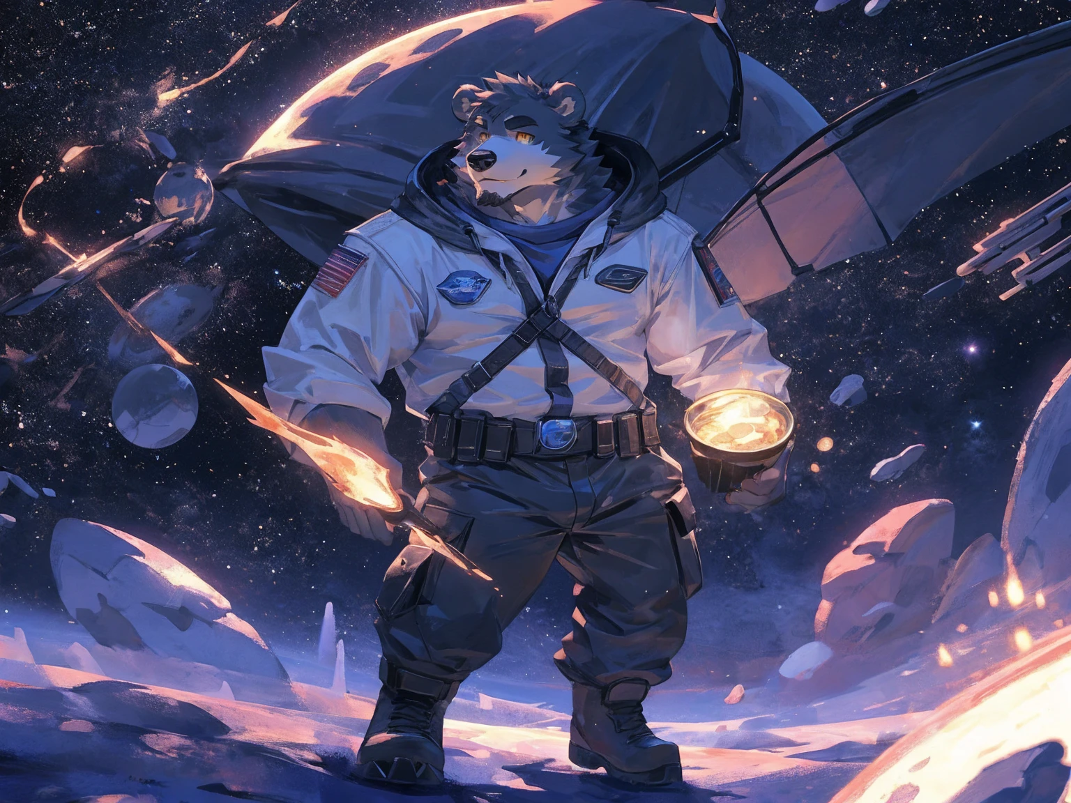 (masterpiece:1.2), best quality,pixiv,official art,perfect anatomy, (Ray tracing, light),solo, (1_male:1.3) , (muscle), (grey fur:1.4), (muscle bear), (beard:1.2), (gleaming golden eyes), bear tail, full body, Thick black eyebrows,(open hooded parka), (naked inside), (cargo pants:1.2), boots , (in the space:1.3) , star , planet , earth , asteroid , character floating