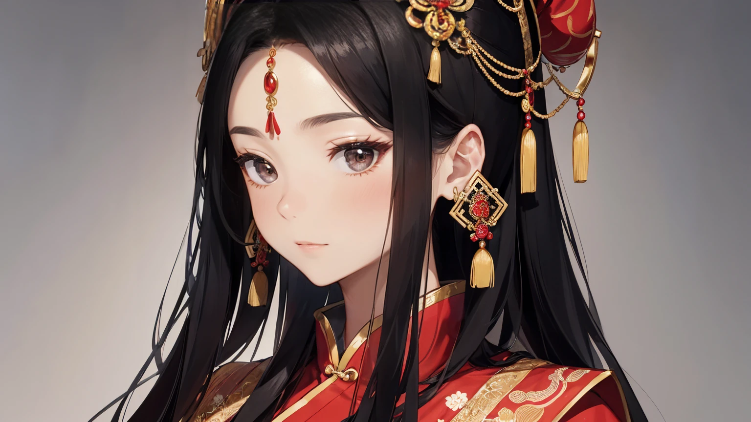 A beautiful ancient Chinese woman in traditional costume with an elaborate headpiece adorned with intricate designs and jewels. Elegant and dignified, she is dressed in traditional Ancient Chinese attire. She has a delicate, peaceful expression and long black hair. Close-up face
