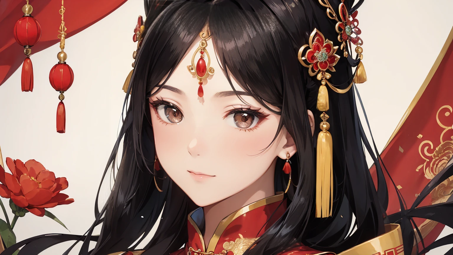 A beautiful ancient Chinese woman in traditional costume with an elaborate headpiece adorned with intricate designs and jewels. Elegant and dignified, she is dressed in traditional Ancient Chinese attire. She has a delicate, peaceful expression and long black hair. Close-up face