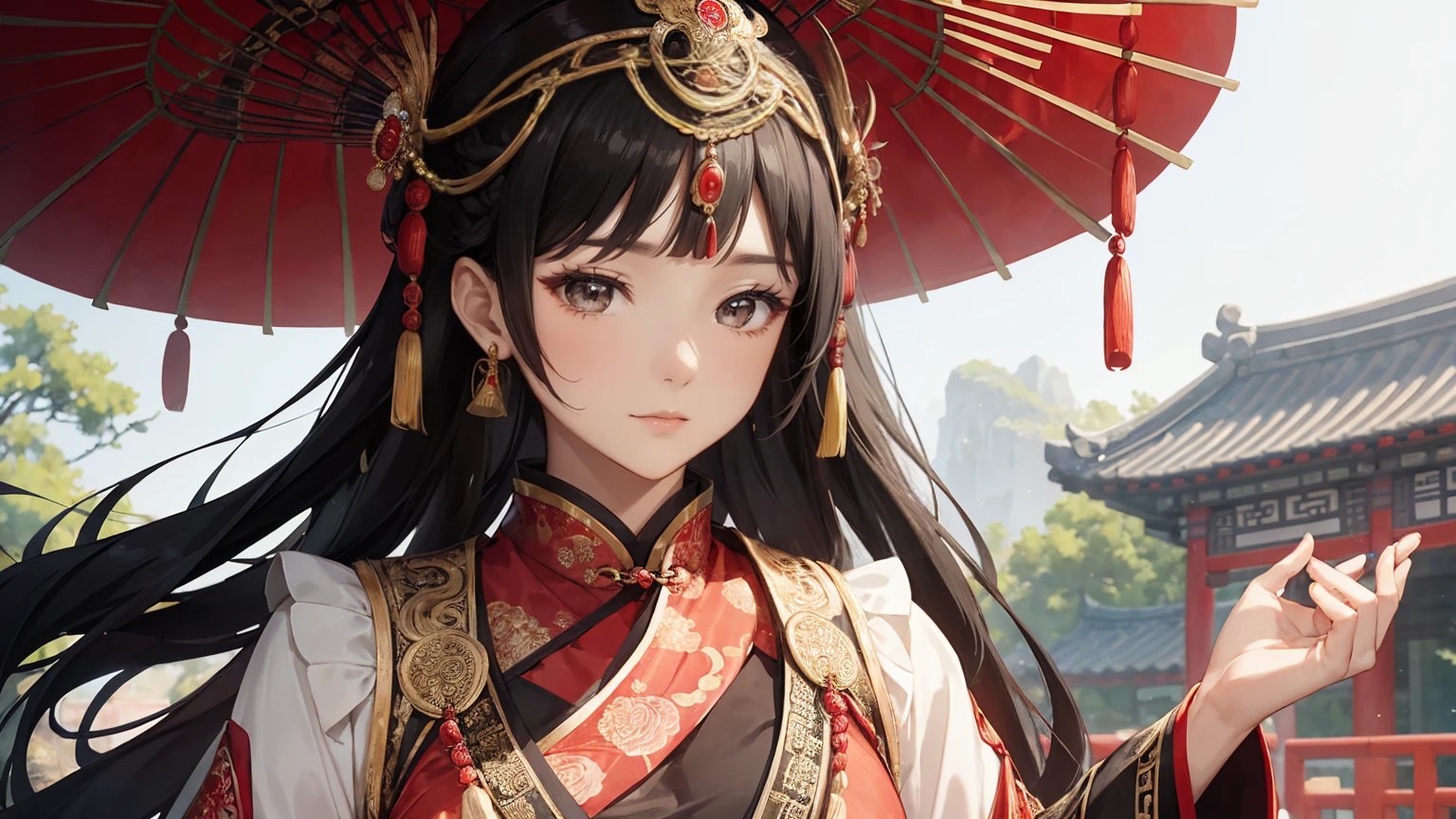 A beautiful ancient Chinese woman in traditional costume with an elaborate headpiece adorned with intricate designs and jewels. Elegant and dignified, she is dressed in traditional Ancient Chinese attire. She has a delicate, peaceful expression and long black hair. Close-up face