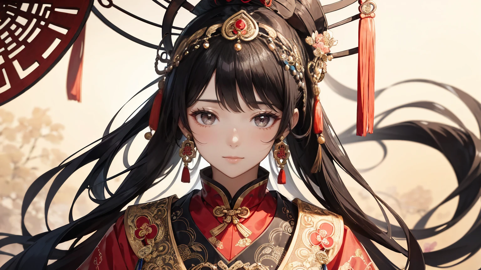 A beautiful ancient Chinese woman in traditional costume with an elaborate headpiece adorned with intricate designs and jewels. Elegant and dignified, she is dressed in traditional Ancient Chinese attire. She has a delicate, peaceful expression and long black hair. Close-up face