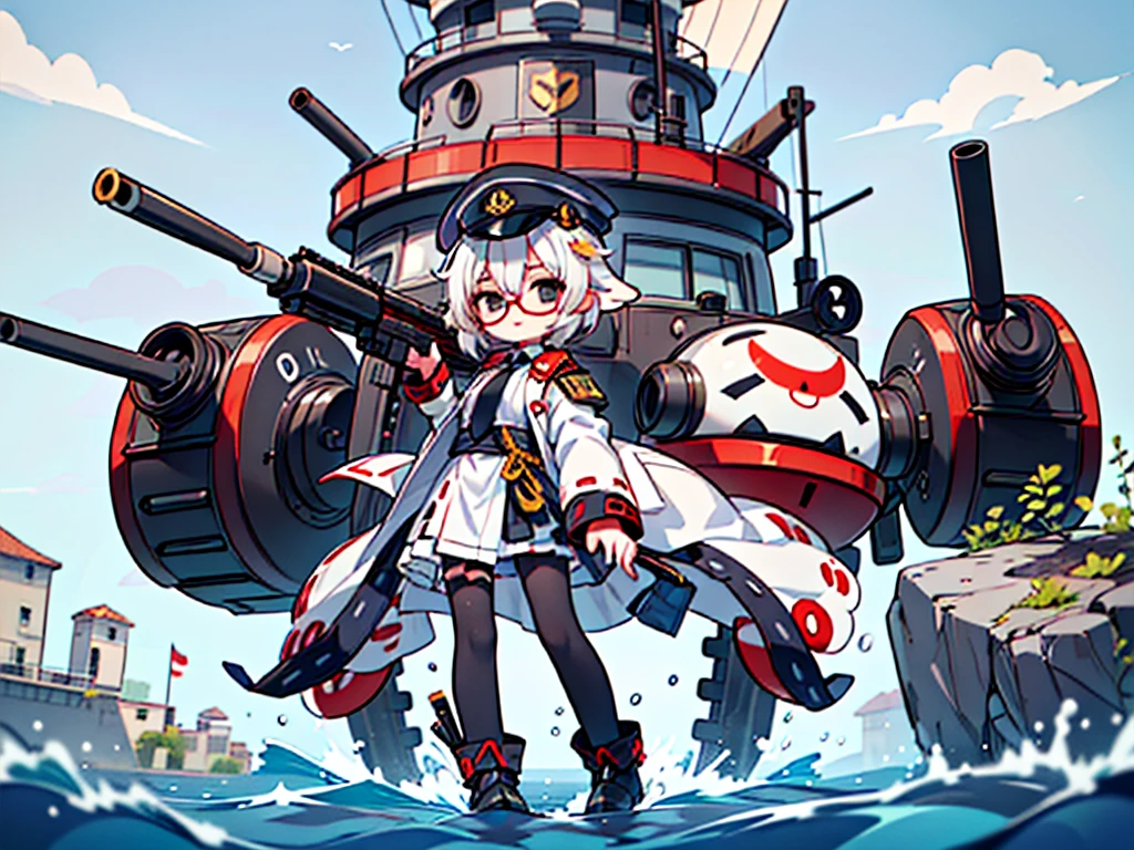 (((masterpiece, Vision))), ((((Full body of a woman with perfect flat chest、1 Female、solo、Short unkempt black hair、Tie your messy hair at the nape of your neck、white military jacket、Miko costume、black tights、Black glasses are black、White military cap、Cloudy black eyes、Confused eyes、Junyo-inspired emblem)))), (((Shipgirl))), ((Floating on the morning sea with both feet)), (Standing with your legs apart)), Aim, (Hold the shotgun turret grip with your right hand), (Four white armored mechanical tentacles extending from its back), (Mechanical tentacles holding the turret), (Equipped with a bridge on the back), (His left arm holds the grip of a triple machine gun),