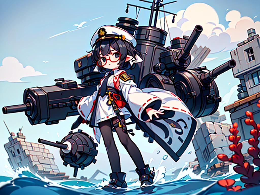 (((masterpiece, Vision))), ((((Full body of a woman with perfect flat chest、1 Female、solo、Short unkempt black hair、Tie your messy hair at the nape of your neck、white military jacket、Miko costume、black tights、Black glasses are black、White military cap、Cloudy black eyes、Confused eyes、Junyo-inspired emblem)))), (((Shipgirl))), ((Floating on the morning sea with both feet)), (Standing with your legs apart)), Aim, (Hold the shotgun turret grip with your right hand), (Four white armored mechanical tentacles extending from its back), (Mechanical tentacles holding the turret), (Equipped with a bridge on the back), (His left arm holds the grip of a triple machine gun),