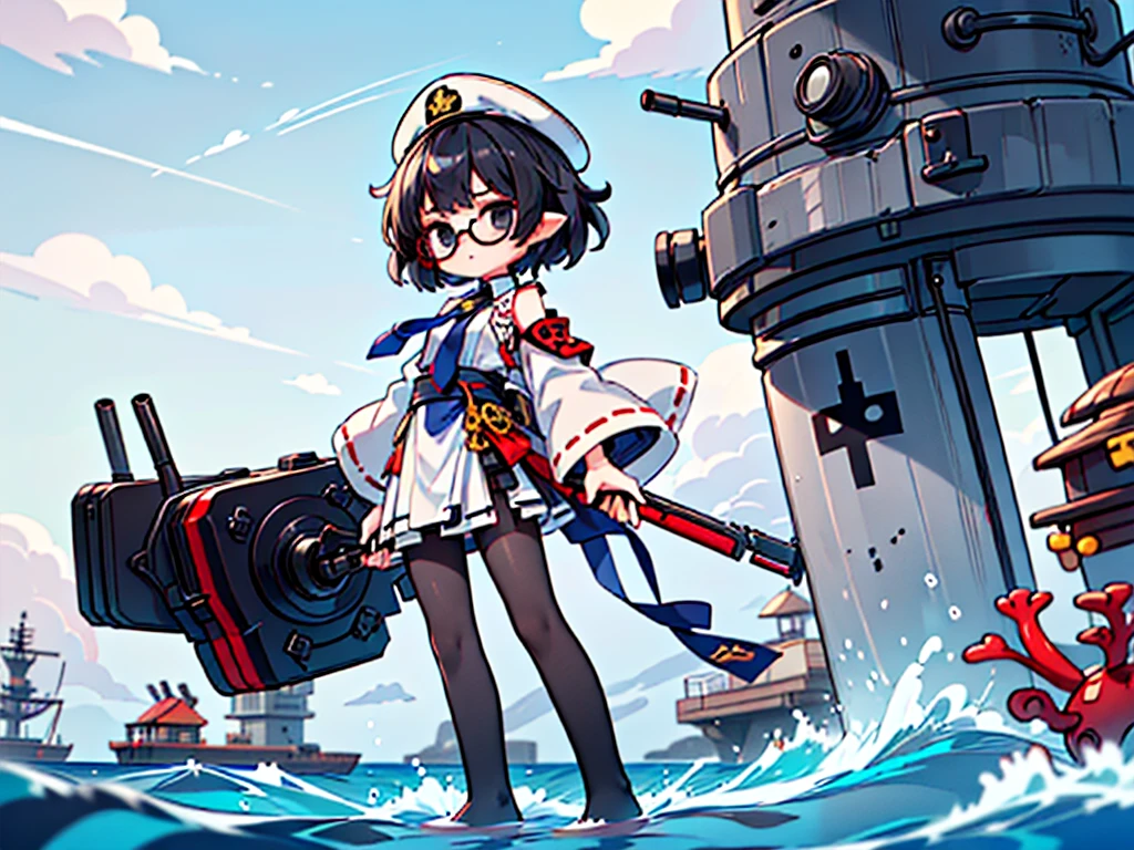 (((masterpiece, Vision))), ((((Full body of a woman with perfect flat chest、1 Female、solo、Short unkempt black hair、Tie your messy hair at the nape of your neck、white military jacket、Miko costume、black tights、Black glasses are black、White military cap、Cloudy black eyes、Confused eyes、Junyo-inspired emblem)))), (((Shipgirl))), ((Floating on the morning sea with both feet)), (Standing with your legs apart)), Aim, (Hold the shotgun turret grip with your right hand), (Four white armored mechanical tentacles extending from its back), (Mechanical tentacles holding the turret), (Equipped with a bridge on the back), (His left arm holds the grip of a triple machine gun),