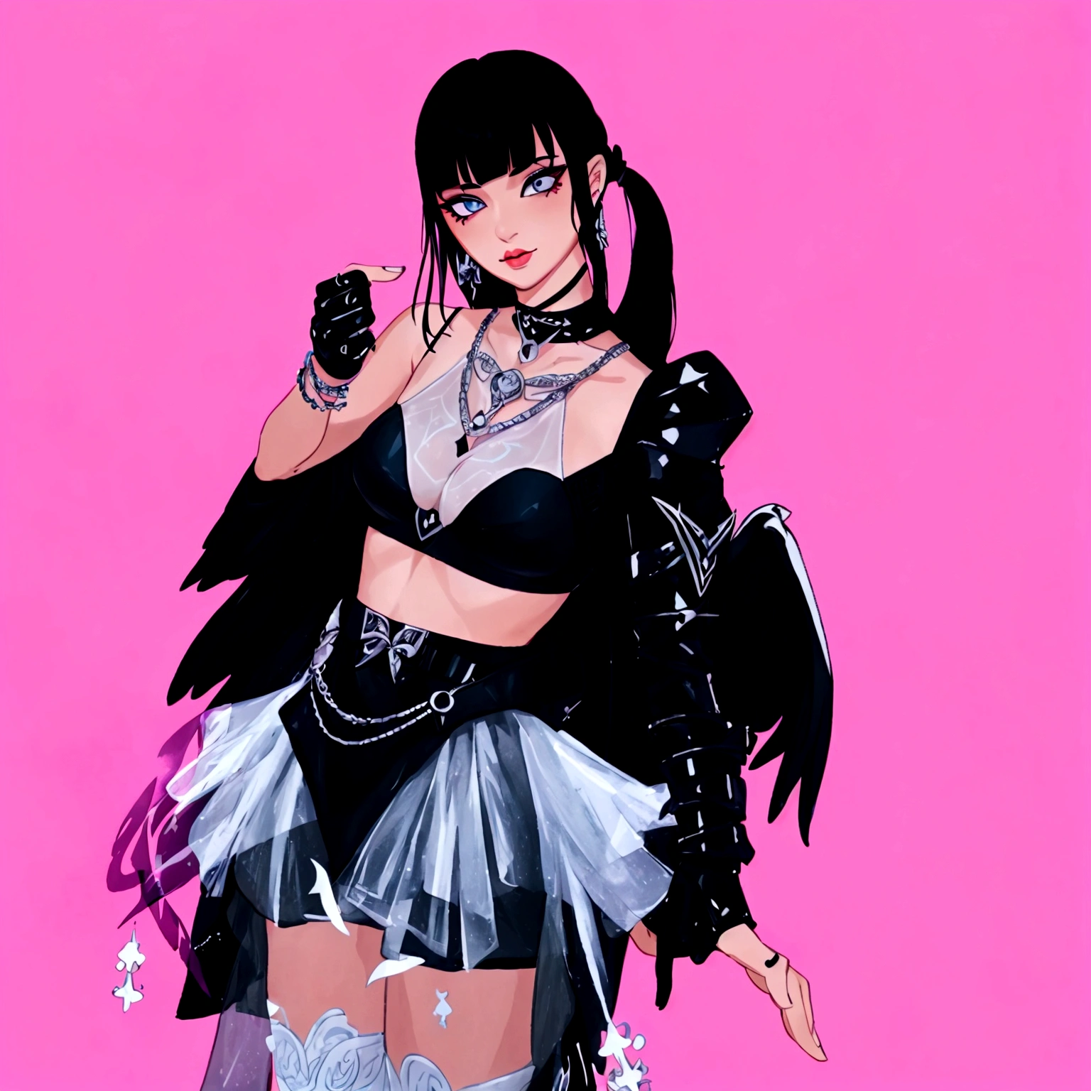 arafed image of a woman in a black outfit imvu, as a mystical valkyrie, villainess has black angel wings, second life avatar, inspired by Sim Sa-jeong, upper body avatar, goth girl aesthetic, she has black hair with bangs, portrait of jossi of blackpink, HD, Detailed, clear color, high quality