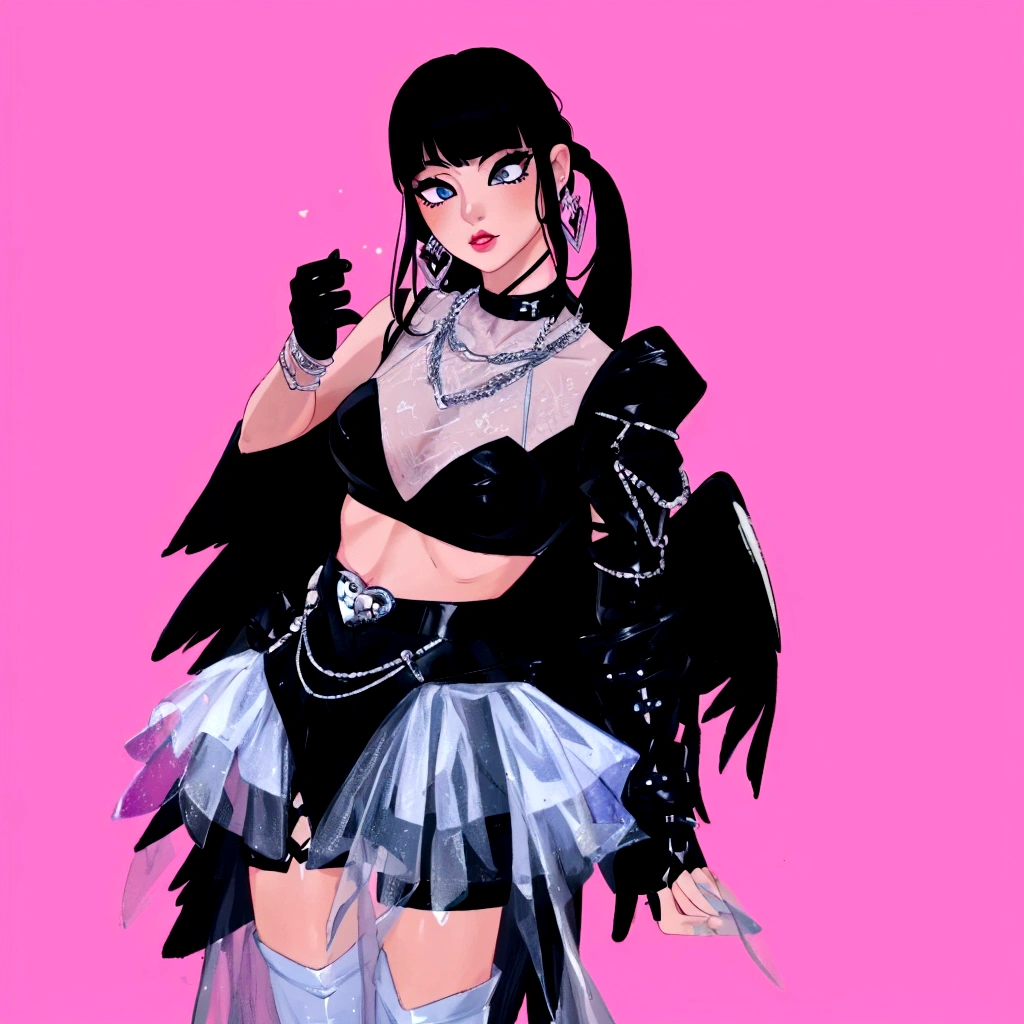 arafed image of a woman in a black outfit  imvu, as a mystical valkyrie, villainess has black angel wings, second life avatar, inspired by Sim Sa-jeong, upper body avatar, goth girl aesthetic, she has black hair with bangs, portrait of jossi of blackpink, HD, Detailed, clear color, high quality