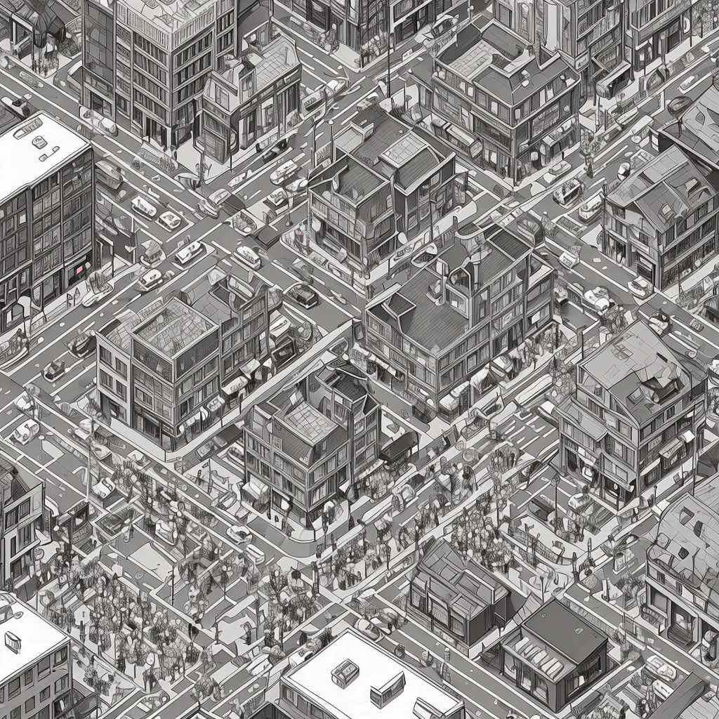 a black and white illustration of a city with people walking around, anime city lineart, detailed street, detailed 2d illustration, busy streets, busy street, busy small town street, busy cityscape, isometric illustration fun, 2 d game lineart behance hd, 2d game lineart behance hd, crowded street, crowded streets