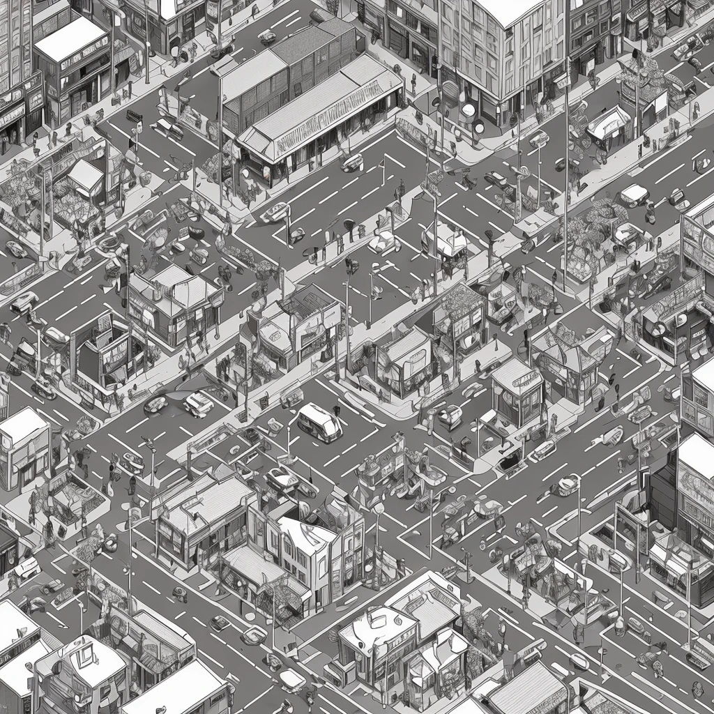 a black and white illustration of a city with people walking around, anime city lineart, detailed street, detailed 2d illustration, busy streets, busy street, busy small town street, busy cityscape, isometric illustration fun, 2 d game lineart behance hd, 2d game lineart behance hd, crowded street, crowded streets