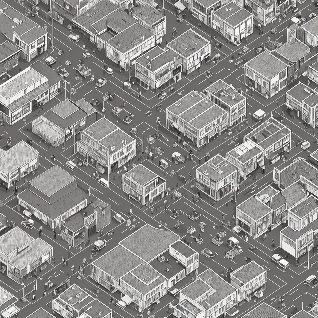 a black and white illustration of a city with people walking around, anime city lineart, detailed street, detailed 2d illustration, busy streets, busy street, busy small town street, busy cityscape, isometric illustration fun, 2 d game lineart behance hd, 2d game lineart behance hd, crowded street, crowded streets
