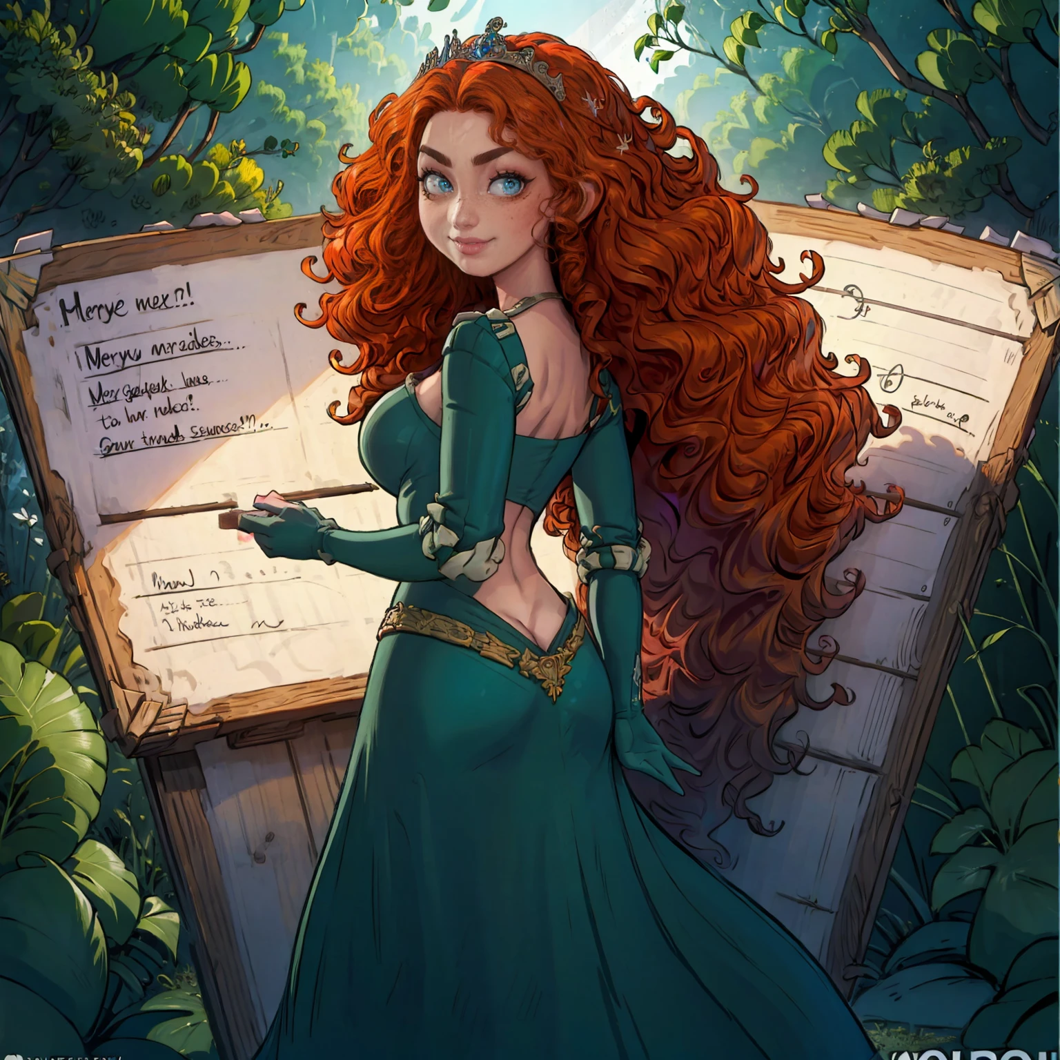 MeridaXLP, ((long hair, orange hair, wavy hair, glowing blue eyes, wide eyes, lipstick, makeup, narrow waist, skinny, medium breasts, alone, gloves)), pelvic curtain, ((green dress, wedding dress, Scooped up the ass, gloves, tiara)), full body, perfect body, (insanely detailed, beautiful detailed face, masterpiece, best quality) , (((solo))), (((1girl))), (((mature))), (extremely detailed 8k paper CG wall unit: 1.1), (wedding, Gala Hall, dusk), (smile face for the viewer), big ass, from back, behind, View from above, Diagonal view
