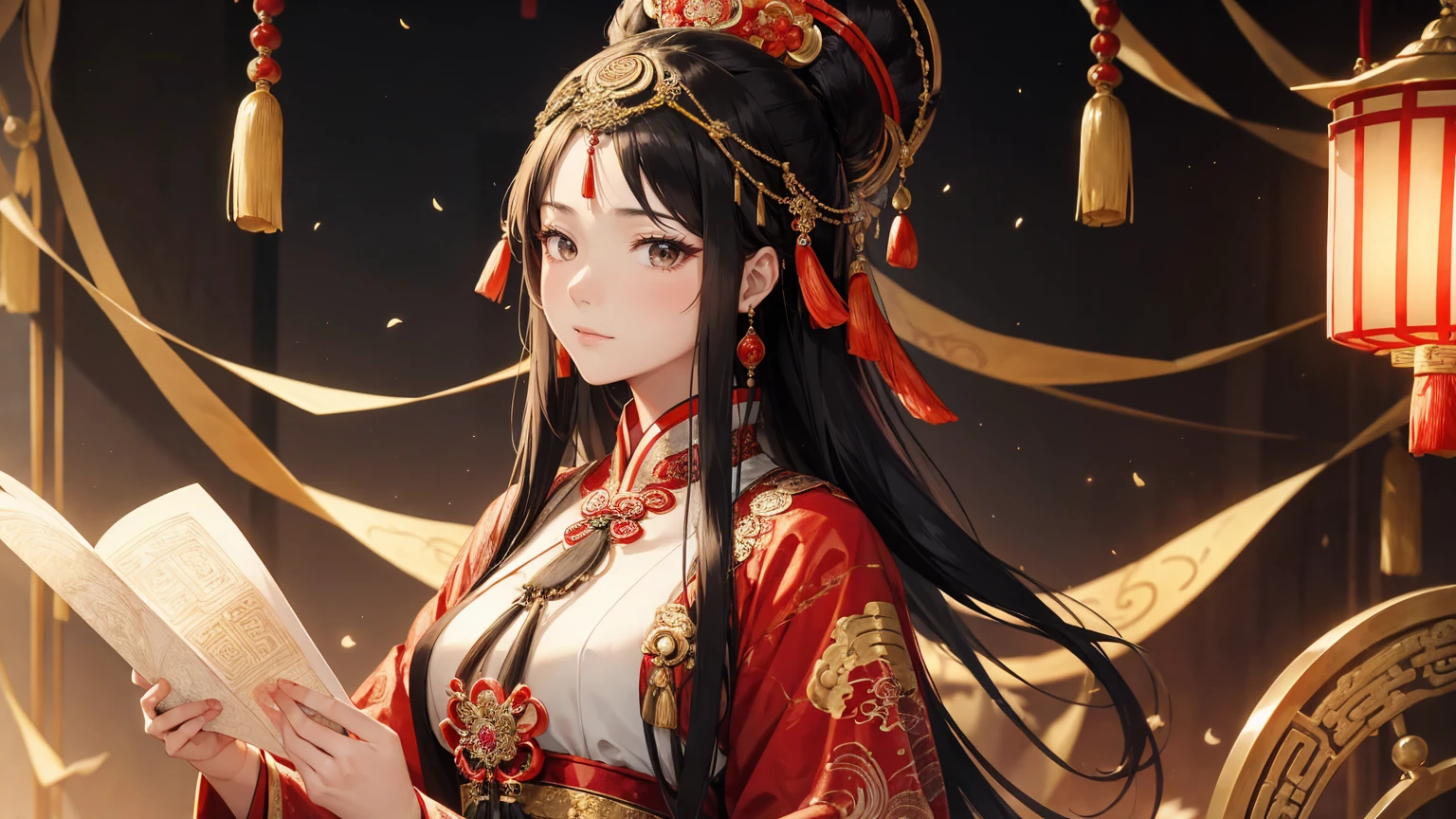 A beautiful ancient Chinese woman in traditional costume with an elaborate headpiece adorned with intricate designs and jewels. Elegant and dignified, she is dressed in traditional Ancient Chinese attire. She has a delicate, peaceful expression and long black hair.