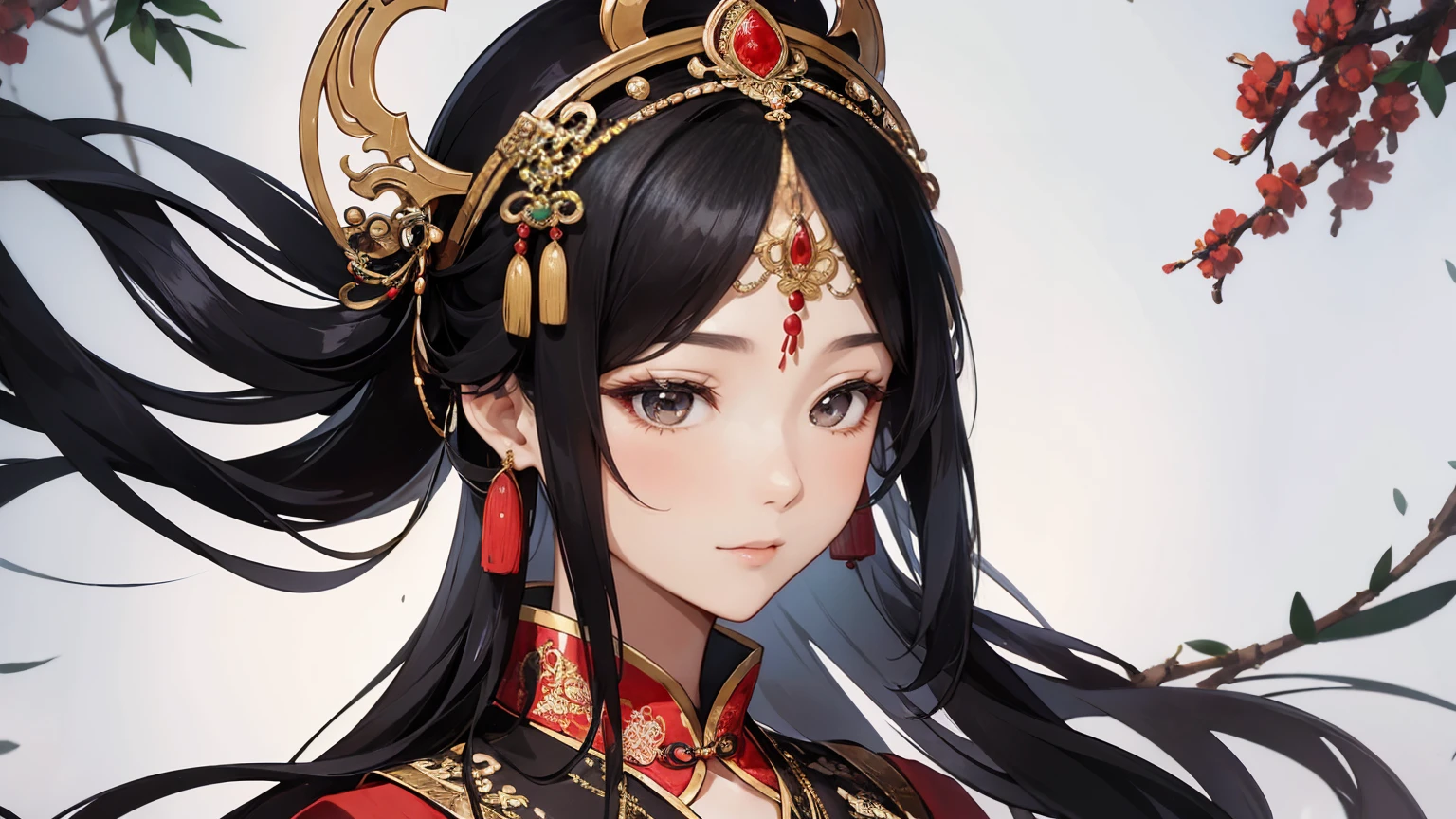 A beautiful ancient Chinese woman in traditional costume with an elaborate headpiece adorned with intricate designs and jewels. Elegant and dignified, she is dressed in traditional Ancient Chinese attire. She has a delicate, peaceful expression and long black hair.