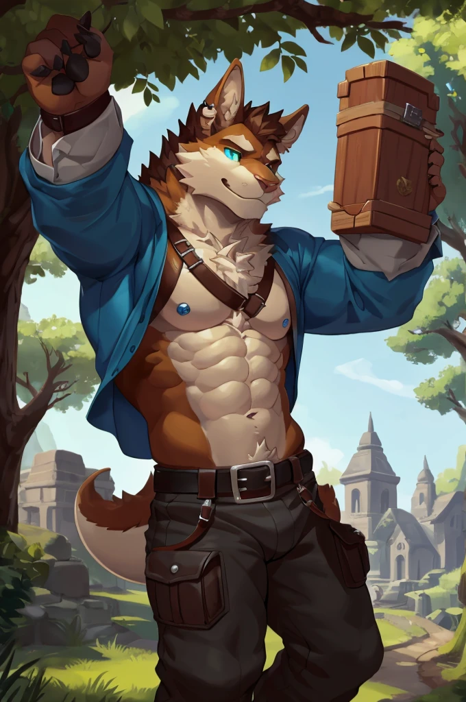 Reif's fluffy fur coat is not merely a trait of his dragon-kin heritage but a reflection of his status. The deep blues and greys of his fur are often associated with the wisdom of the ancients, while his piercing blue eyes seem to gaze into the soul of anyone who dares to meet his gaze. His stature, at 173 cm, is quite notable, especially given his narcoleptic condition. His physique, though not traditionally robust, suggests a strength that lies beneath the surface, hinting at the formidable power he wLumberjack Shirt: The green lumberjack shirt, unbuttoned to reveal his furry, hairy chest, is a nod to the region's strong ties to nature and the robustness of its inhabitants. The color green is significant in both Slavic and Celtic cultures, representing growth, life, and the vastness of the forest that surrounds the village. The pattern of the shirt, reminiscent of the ancient runic symbols found on artifacts from both cultures, suggests a unity of the old and new worlds. The sleeves, rolled up to his elbows, offer a glimpse of his powerful, fur-covered forearms, symbolizing his readiness for manual labor and combat, despite his scholarly demeanor. Loose-Fitting Pants: The dark brown pants, tailored to allow unrestrained movement, are emblematic of the village's emphasis on functionality and comfort. The material, a durable blend of fabric and fur, is both stylish and practical, suited to the various activities Reif engages in, from tending to his garden to engaging in the rigorous training sessions that keep him fit for his role as the village's guardian. Leather Chest Belt Strap: The brown leather chest belt strap serves both a practical and symbolic purpose. It holds the shirt in place, emphasizing his chest and abs, but also acts as a utilitarian accessory, allowing him to keep essential items close at hand; in cartoon style