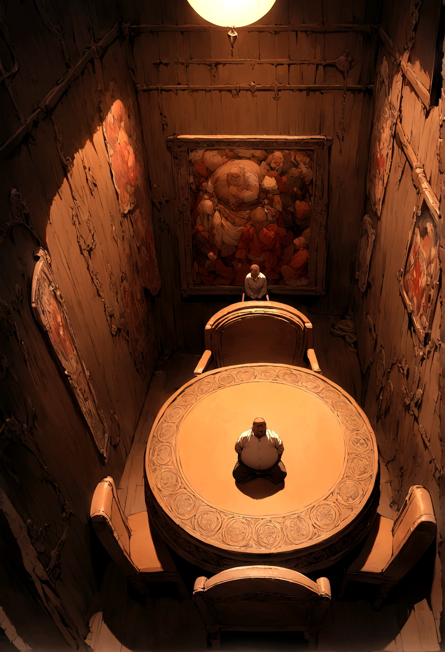 Fat brown man alone in a completely dark room, sitting in a chair where a light from above is directed at him , with bloody pictures on the wall