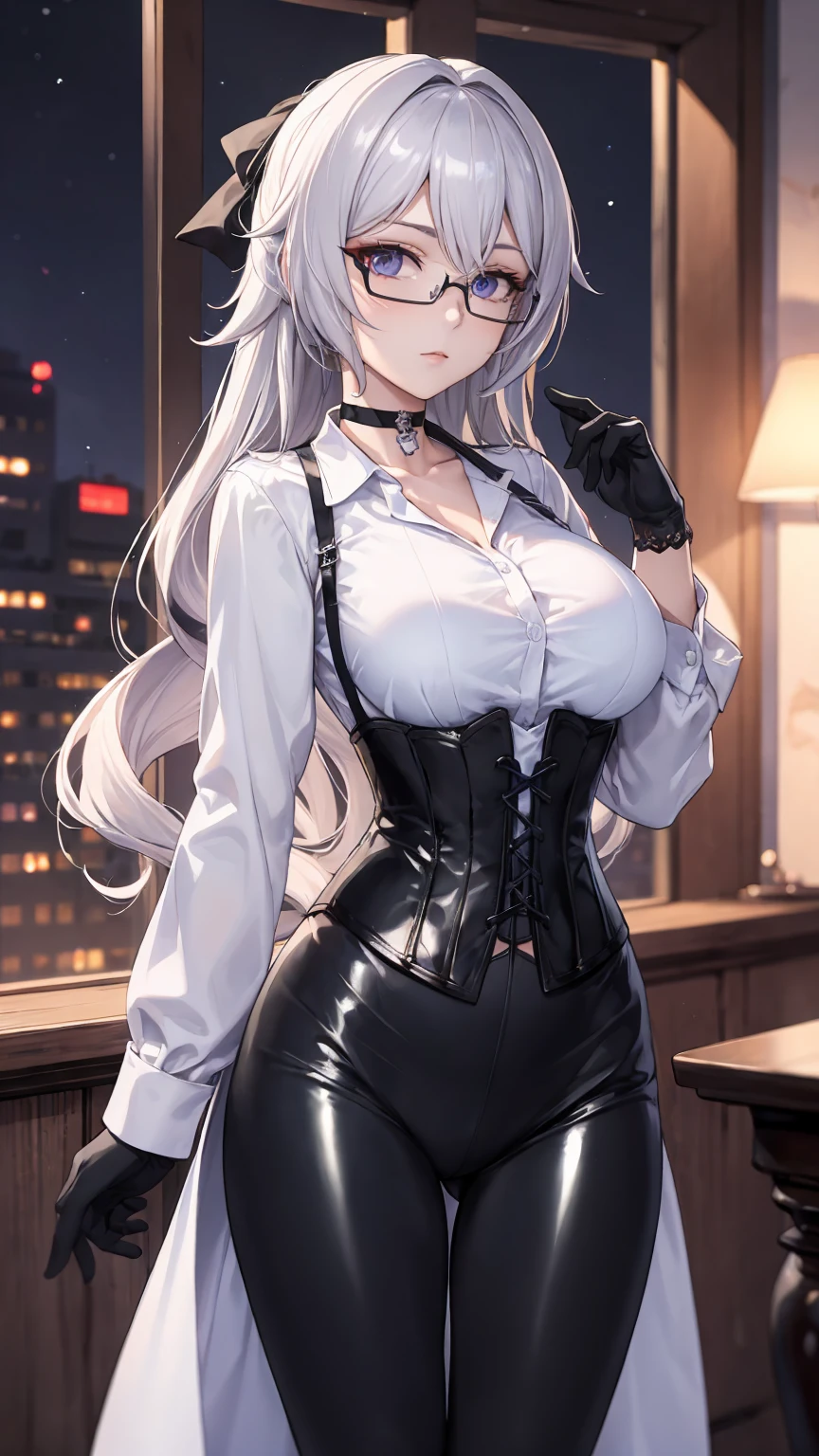 Masterpiece, Beautiful art, professional artist, 8k, detailed body, Very detailed face, very detailed eyes, Detailed clothing, detailed fabric, Best Quality, better resolution, 1 girl, bronya zaychik \(Honkai Impact 3rd\), front view, standing, big breasts, serious expression, At night , long silver hair, glasses, choker:1.6, (white collar button down long sleeve shirt), (shiny black corset), black gloves that cover your hands, (shiny black leggings), looking at the viewer, elegant room, At night