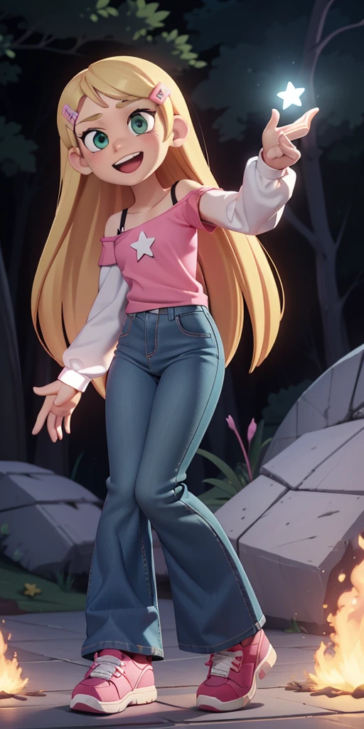 score_9, source_cartoon, 1girl, solo, Kelly Marra, looking very happy, long hair, blonde hair, cute green eyes, hair ornament, hairclip, flare blue pants(Wide flares on pants:1.2), pink shoes, white star (symbol) in the middle of the shirt, Pink off shoulder t-shirt with white long sleeves,