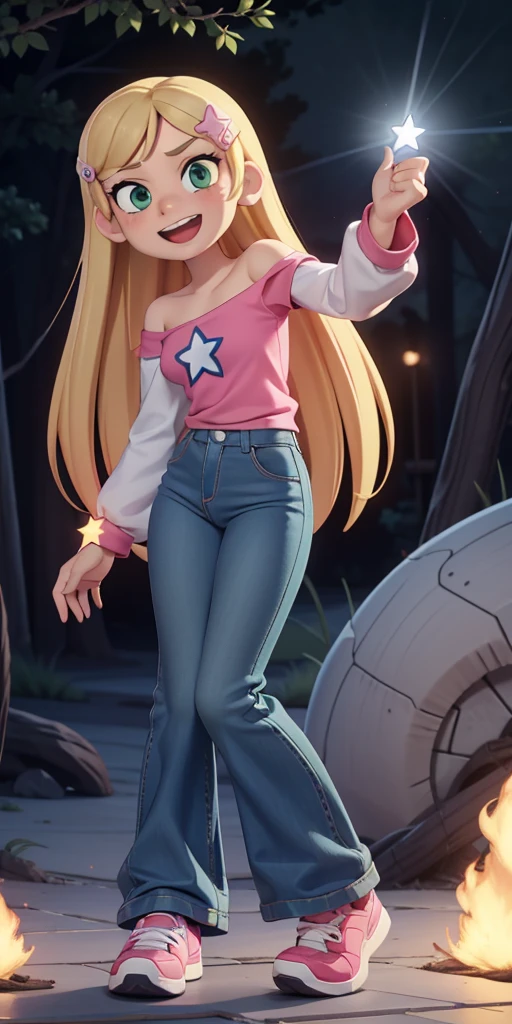 score_9, source_cartoon, 1girl, solo, Kelly Marra, looking very happy, long hair, blonde hair, cute green eyes, hair ornament, hairclip, flare blue pants(Wide flares on pants:1.2), pink shoes, white star (symbol) in the middle of the shirt, Pink off shoulder t-shirt with white long sleeves,