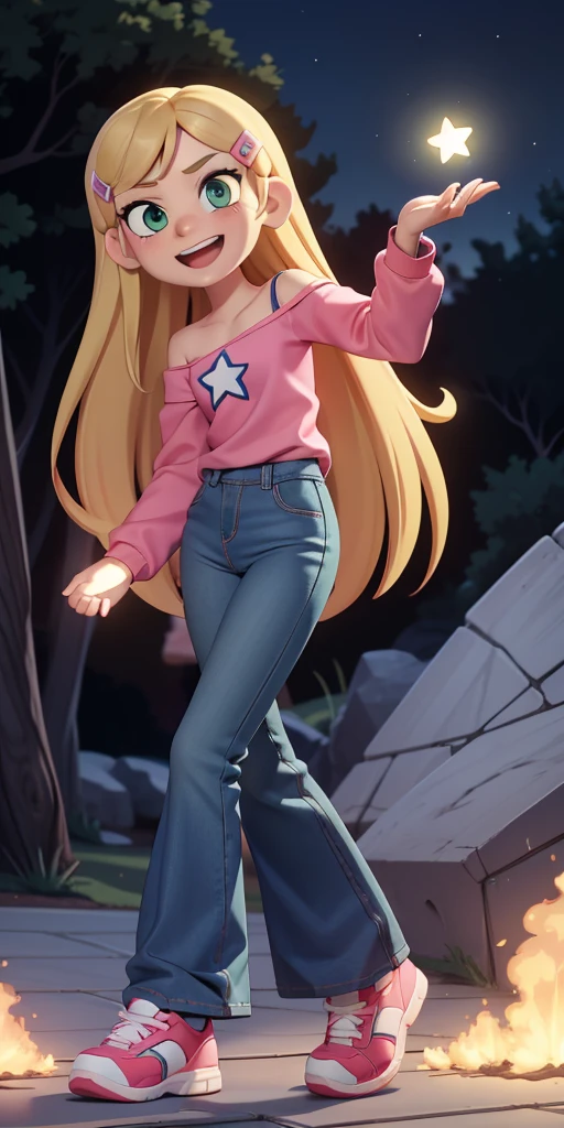 score_9, source_cartoon, 1girl, solo, Kelly Marra, looking very happy, long hair, blonde hair, cute green eyes, hair ornament, hairclip, flare blue pants(Wide flares on pants:1.2), pink shoes, white star (symbol) in the middle of the shirt, Pink off shoulder t-shirt with white long sleeves,