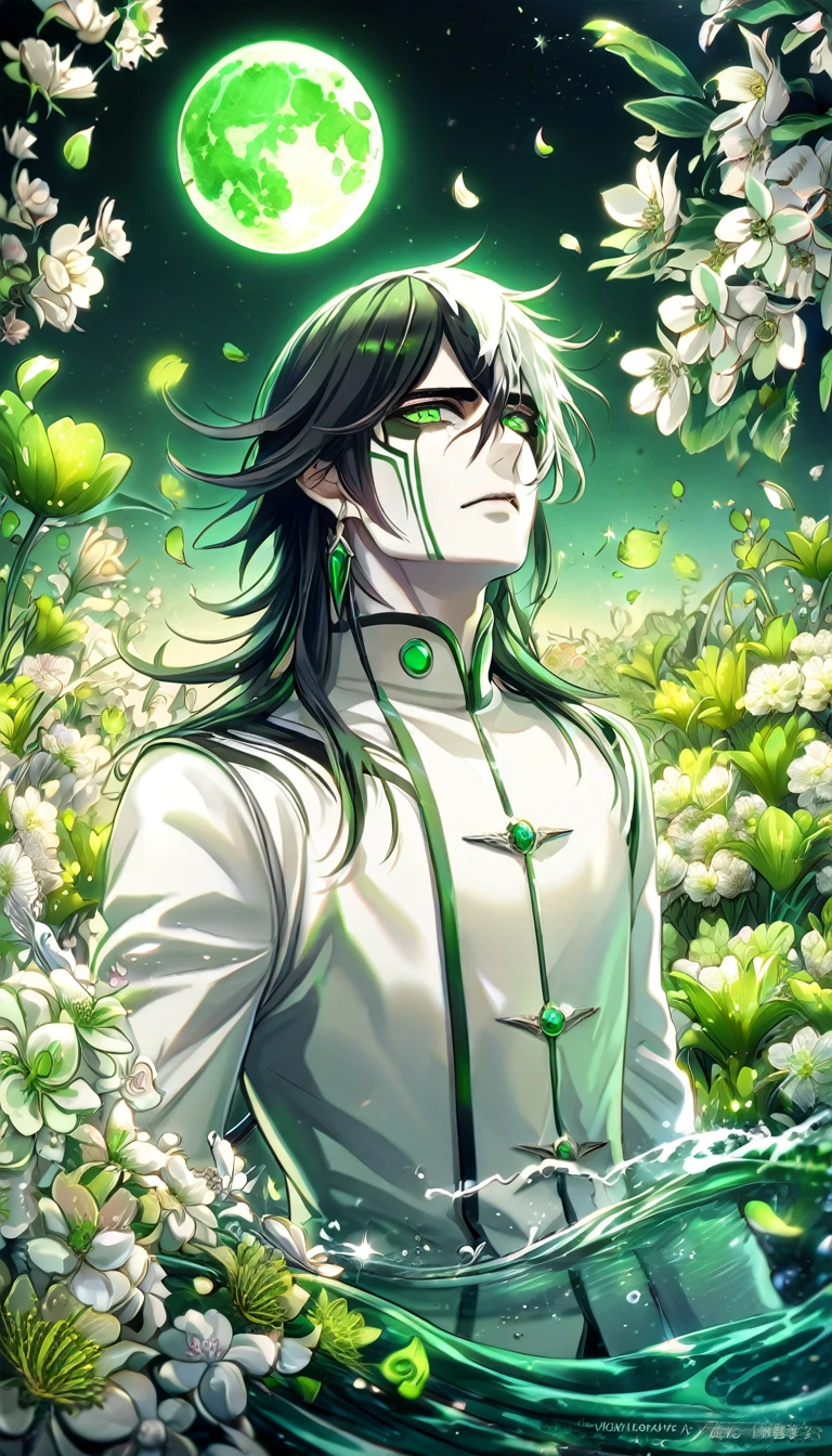 absurdres, highres, ultra detailed, HDR, master piece, best quality, extremely detailed, Ulquiorra Cifer, black hair, expressive green eyes, Bleach, solo, sexy man, handsome, pale skin, white clothes, magical, fantasy, glittering, sparkling, glass, blossoms, green flowers, green petals, water, green moon