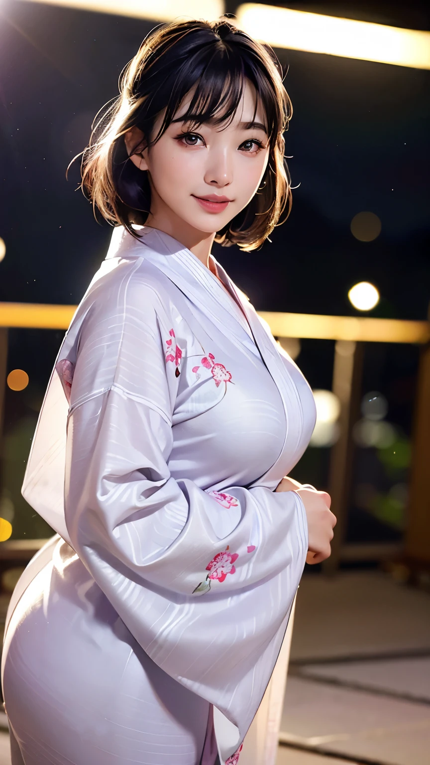 (logo、masterpiece、8K、Tabletop、RAW Photos、wonderful、最high quality、フォトリアリスティックでVery detailedな CG 複合 8K 壁紙、high quality、Very detailed、Narrative poem、Particle Effects、Dynamic Effects、Depth of the Boundary、Cinematic Light、Lens flare、Ray Tracing)、 (One beautiful woman wearing a yukata、White yukata、Light purple pattern)、Black-haired、High definition skin、Very fine、Fine skin texture、Beautiful Face、True Face、Beautiful details in the eyes、Realistic eyes、Beautifully detailed eyes、Realistic Skin、Beautiful Skin、Surreal、Smiling Eyes、Hair and light eyes、vivid、Colorful lights and bokeh、plump lower lip、Pink Lips、Hair flutters in Wind、Hair bounces、wonderful景色、night、evening、Wind、moonlight、moonlight、light