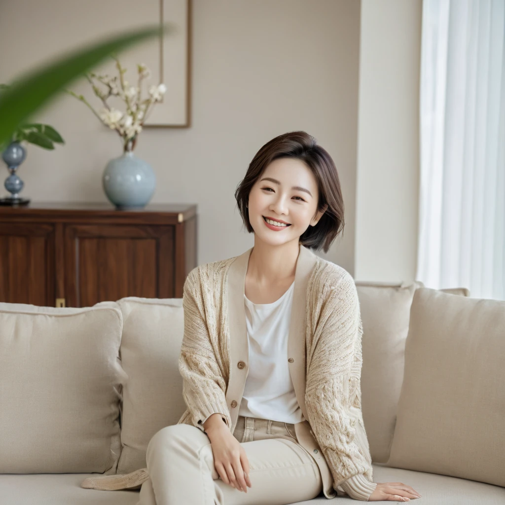 8k best picture quality, Beautiful 36-year-old Korean woman, The eyes are big, round and clear.. smile. short medium hair. Chest size 34 inches, Wearing a cardigan and beige jeans. luxury mansion living room, sitting on the sofa reading, full body shot