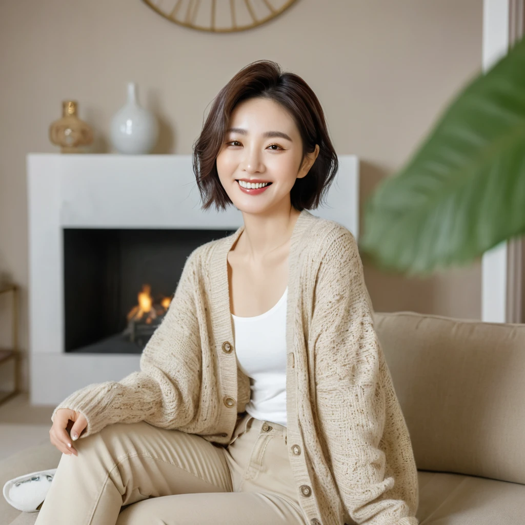 8k best picture quality, Beautiful 36-year-old Korean woman, The eyes are big, round and clear.. smile. short medium hair. Chest size 34 inches, Wearing a cardigan and beige jeans. luxury mansion living room, sitting on the sofa reading, full body shot