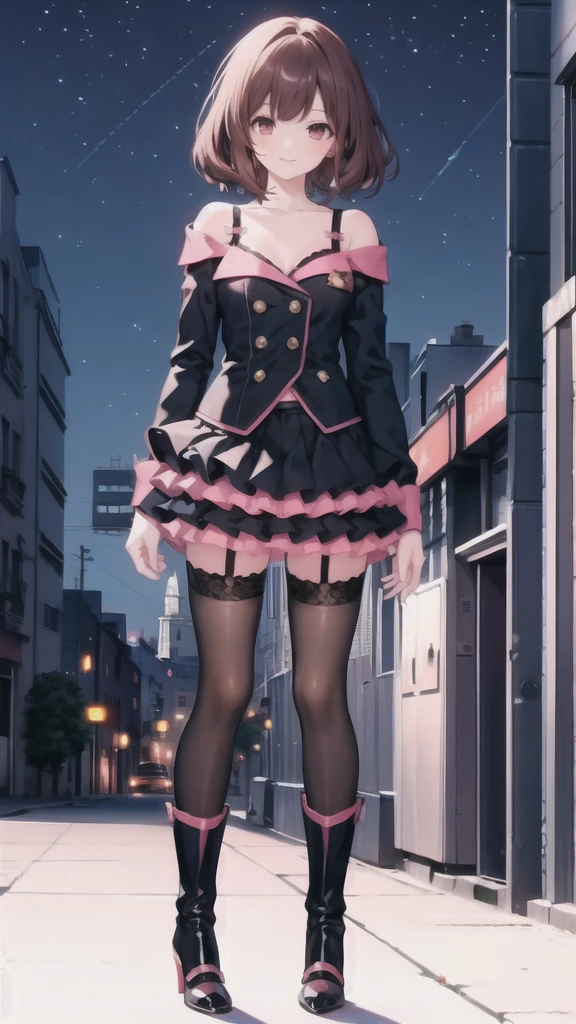 , masterpiece, best quality,shiny,chromatic aberration abuse,pastel color,full body, 
1girl,solo, aoisan,red eyes,brown hair,smile,
standing,street,night,
 layered skirt,long sleeves,underwear,black thighhighs,high heel boots,off shoulder, garter straps,