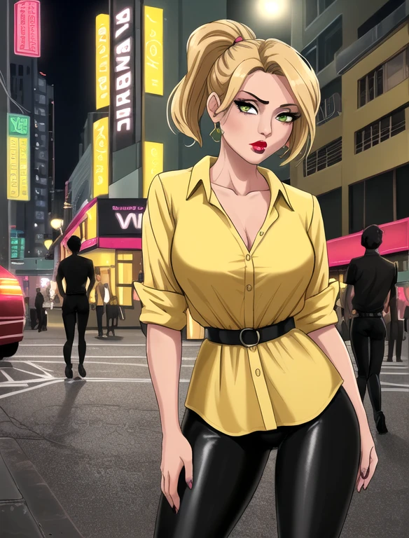 (best quality:1.3), (4K quality),masterpiece, best quality, high res, detailed, (Detailed face:1.2), (Detailed eyes:1.2), (Hourglass figure:1.2), 1girl, solo, 36-years-old, tan olive skin, short blonde hair, pony tail style, green eyes, eyeshadow, mascara, red lipstick, approximately 5'2" tall, ((Wearing a yellow blouse, shiny black leggings)), standing outside on Miami streets, people in the surroundings, busy atmosphere, cinematic lighting, detailed background,