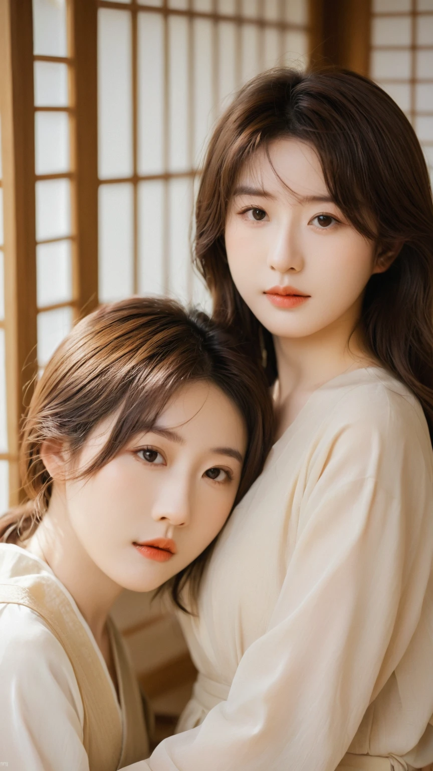 2 peopleのJapanese女性が一緒に写真を撮っています, Japanese,Fair skin,make,Brown Hair,,2 people