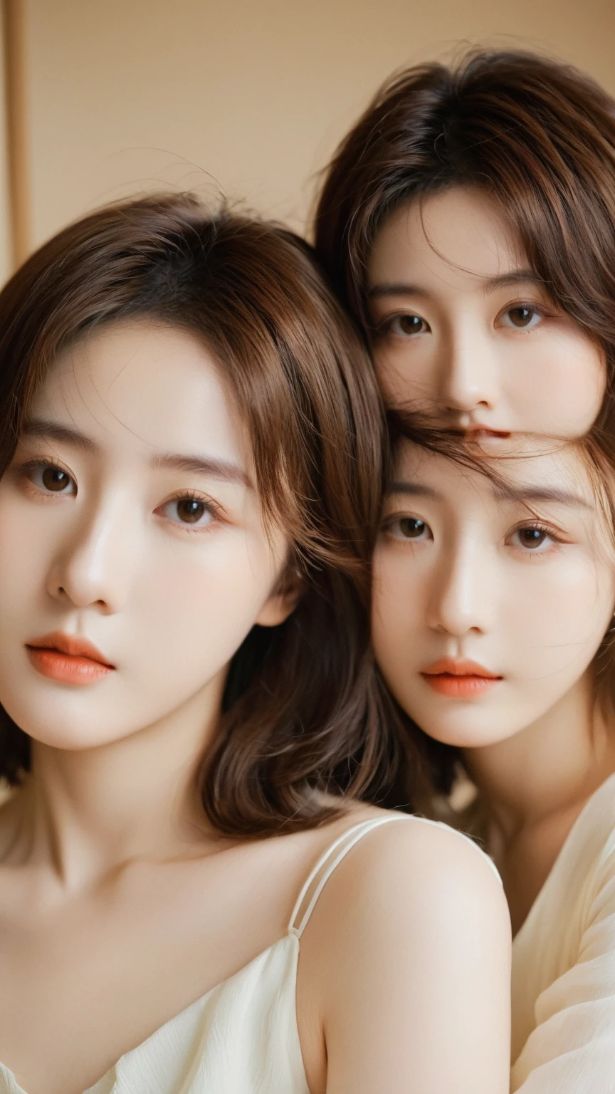 2 peopleのJapanese女性が一緒に写真を撮っています, Japanese,Fair skin,make,Brown Hair,,2 people