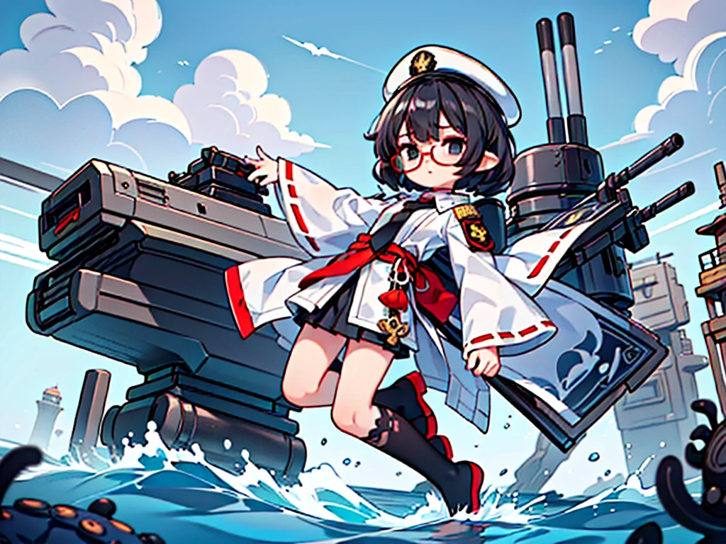 (((masterpiece, Vision))), ((((Full body of a woman with perfect flat chest、1 Female、solo、Short unkempt black hair、Tie your messy hair at the nape of your neck、white military jacket、Miko costume、black tights、Black glasses are black、White military cap、Cloudy black eyes、Confused eyes、Junyo-inspired emblem)))), (((Shipgirl))), ((Floating on the morning sea with both feet)), (Standing with your legs apart)), Aim, (Hold the shotgun turret grip with your right hand), (Four white armored mechanical tentacles extending from its back), (Mechanical tentacles holding the turret), (Equipped with a bridge on the back), (His left arm holds the grip of a triple machine gun),