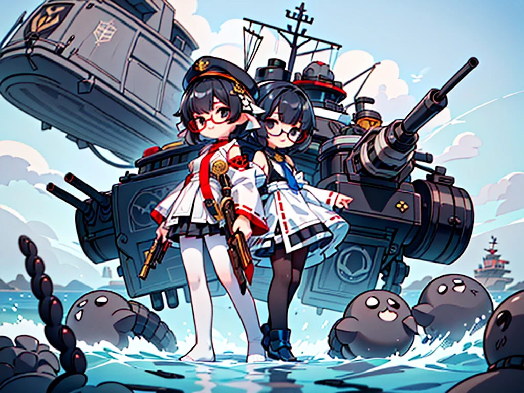 (((masterpiece, Vision))), ((((Full body of a woman with perfect flat chest、1 Female、solo、Short unkempt black hair、Tie your messy hair at the nape of your neck、white military jacket、Miko costume、black tights、Black glasses are black、White military cap、Cloudy black eyes、Confused eyes、Junyo-inspired emblem)))), (((Shipgirl))), ((Floating on the morning sea with both feet)), (Standing with your legs apart)), Aim, (Hold the shotgun turret grip with your right hand), (Four white armored mechanical tentacles extending from its back), (Mechanical tentacles holding the turret), (Equipped with a bridge on the back), (His left arm holds the grip of a triple machine gun),