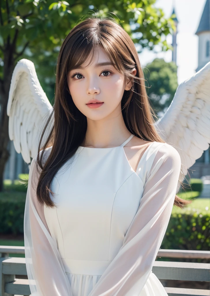 (Realisticな, photo-Realisticな:1.37),(8K, RAW Photos, Highest quality, masterpiece:1.2), Ultra-detailed, 超High resolution, Kodak Vision Color, Filmed with an Arricam LT camera,Highest quality, Lively, 8K, High resolution, 1 female, Japanese、Escape, (Professional Lighting), (Portraiture:0.6),Brown Hair, (Medium Hair),23 years old、Pure white dress、 Realistic, a hyperRealistic , ((Perfect beautiful eyes)), pose for a photo (((The background is a church)))、 ((Angelの翼)) 、Angel、美しいAngel、両肩にAngelの翼、White Wings、A gentle smile、 (((No extra arms))),