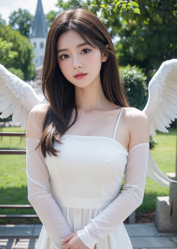 (Realisticな, photo-Realisticな:1.37),(8K, RAW Photos, Highest quality, masterpiece:1.2), Ultra-detailed, 超High resolution, Kodak Vision Color, Filmed with an Arricam LT camera,Highest quality, Lively, 8K, High resolution, 1 female, Japanese、Escape, (Professional Lighting), (Portraiture:0.6),Brown Hair, (Medium Hair),23 years old、Pure white dress、 Realistic, a hyperRealistic , ((Perfect beautiful eyes)), pose for a photo (((The background is a church)))、 ((Angelの翼)) 、Angel、美しいAngel、両肩にAngelの翼、White Wings、A gentle smile、 (((No extra arms))),