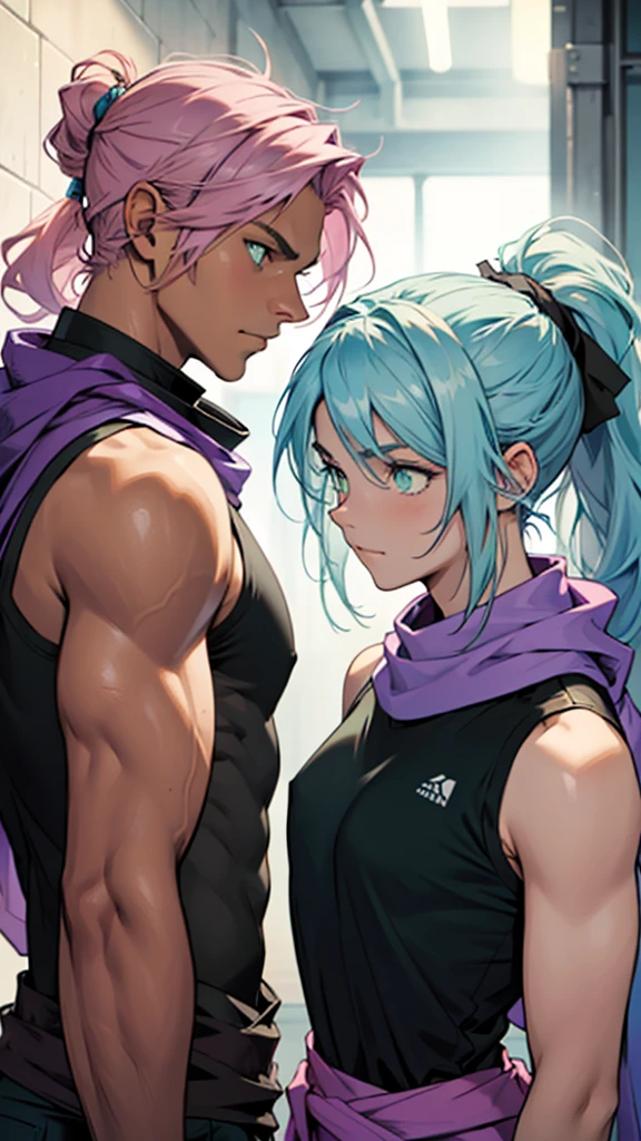 2 people. Male, long light blue hair tied in a ponytail, slightly brown skin, green eyes With a purple scarf and a black sleeveless t-shirt.. The other female character, short pink hair, Light blue-almost green eyes dressed like royalty.
