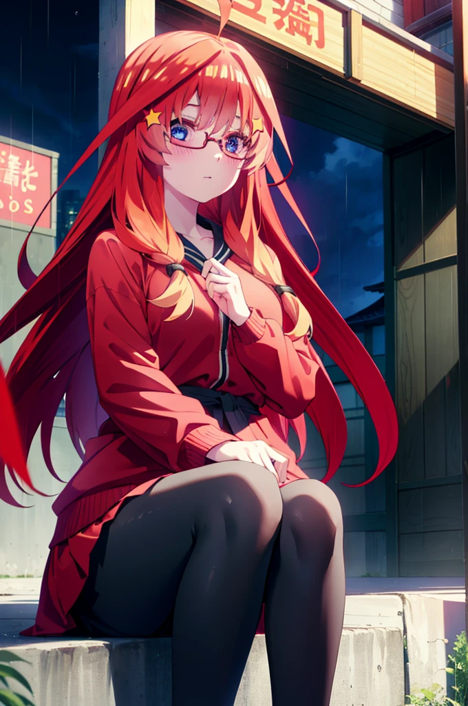 itsukinakano, itsuki nakano, bangs, blue eyes, Hair between the eyes, Ahoge, Redhead, star \(symbol\), hair ornaments, star hair ornaments,Long braids,Baseball hats,Red-rimmed glasses,Oversized red hoodie and long skirt,Black pantyhose,short boots,Hiding in a roofed building,Sitting on the steps of a roofed building,rain,night,whole bodyがイラストに入るように,
break outdoors, Alley,
break looking at viewer, whole body,
break (masterpiece:1.2), Highest quality, High resolution, unity 8k wallpaper, (figure:0.8), (Beautiful attention to detail:1.6), Highly detailed face, Perfect lighting, Highly detailed CG, (Perfect hands, Perfect Anatomy),