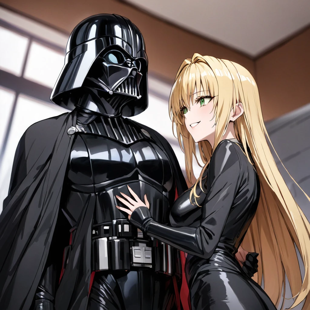((Highest quality)), ((masterpiece)), (detailed), （Perfect Face）、The woman is the Sith Lord Tearju, with green eyes, blonde medium-length hair, and is wearing the same costume as Darth Vader and the same helmet as Darth Vader.、The woman is standing next to Darth Vader and smiling sweetly at him.