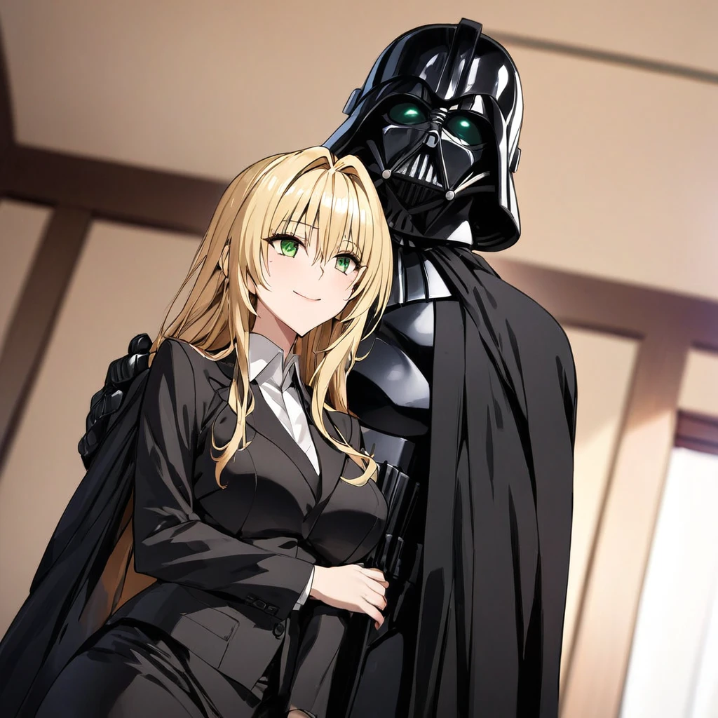((Highest quality)), ((masterpiece)), (detailed), (Perfect Face)、The woman is the Sith Lord Tearju, with green eyes, blonde medium-length hair, and is wearing the same costume as Darth Vader and the same helmet as Darth Vader.、The woman is standing next to Darth Vader and smiling sweetly at him.