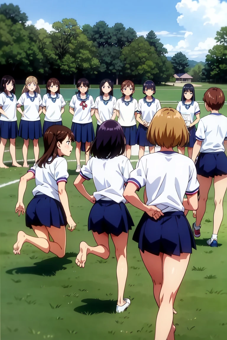 Line up multiple girls in a straight line、Please let me run,Girls running,Run in a line,gym shirts,Highest quality,back view,1990s anime style,White shirt and blue bloomers,Angry expression,barefoot,A group of several girls,体操服とブルマを着たbarefootの女子たちが、Standing in a row、I run desperately through the schoolyard.,The girls are barefoot,The girls were sweating、Running with a tired look,